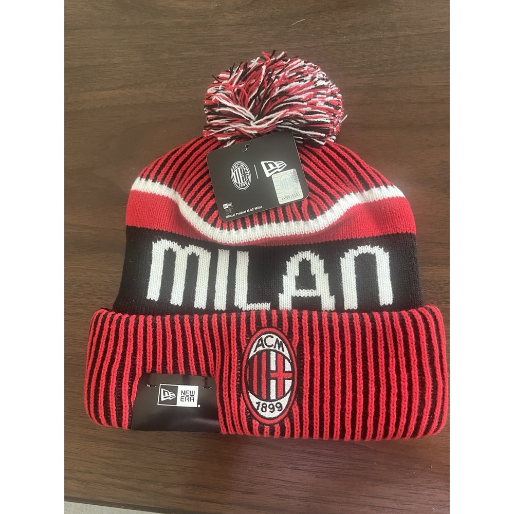 AC Milan 1899 New Era Sport Beanie Adult Black Scarlet Hat Wordmark Pom Knit NW
